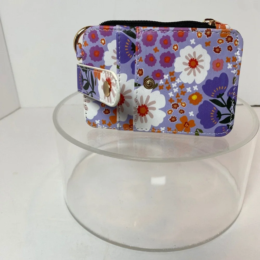 Purple Floral Card‎ Holder Wallet with ID Window Keyring and Zipper Pocket